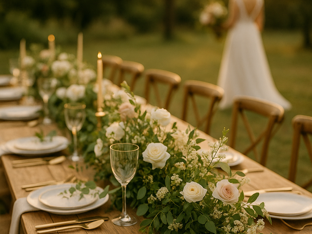 decoração de mesa comunitária no estilo botânico com folhagens verdes e flores brancas