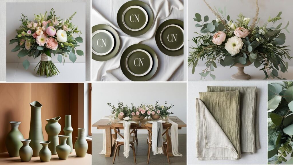 Moodboard de miniweddings ao ar livre no estilo botânico com folhagens, mesa rústica.