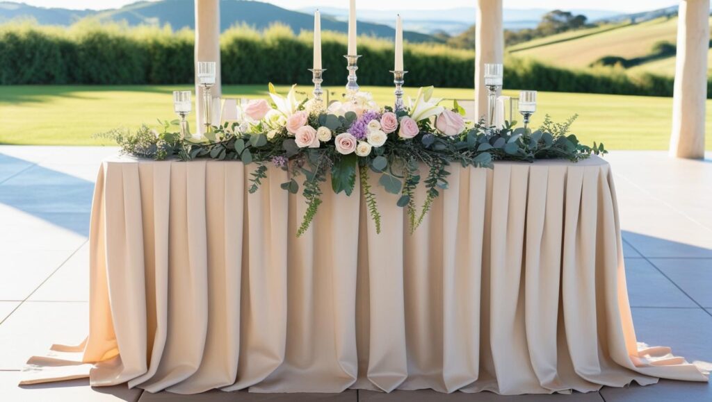 Decoração romântica com folhagens e flores em tons suaves, ideal para miniweddings afetivos