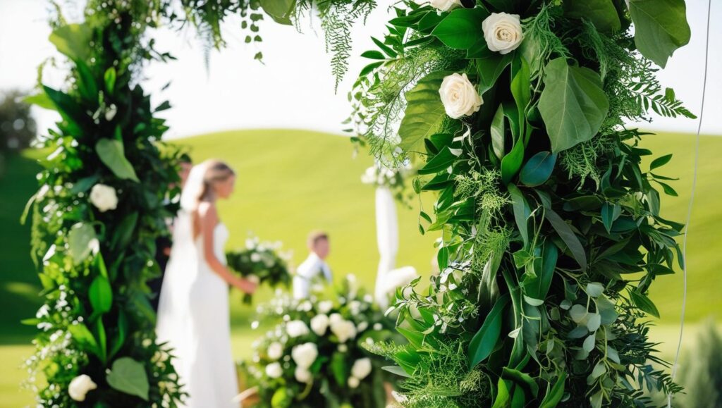 Arco de cerimônia miniweddings botânicos com diferentes tipos de folhagens, mostrando textura, profundidade e sofisticação.”