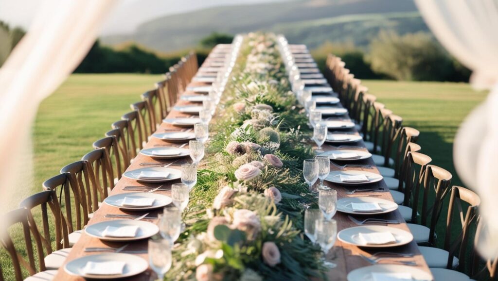 Decoração botânica pura em miniwedding ao ar livre toda verde com toques de flores.