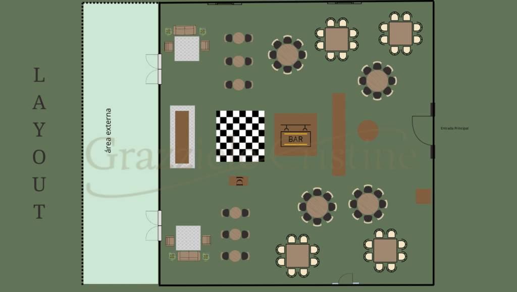 Exemplo de layout de miniwedding com pista de dança proporcional e mesas bem distribuídas