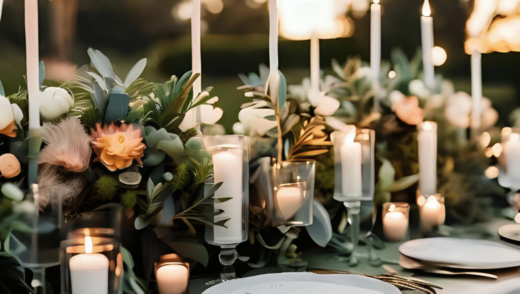 Um casamento ao entardecer com iluminação âmbar suave, destacando a mesa posta