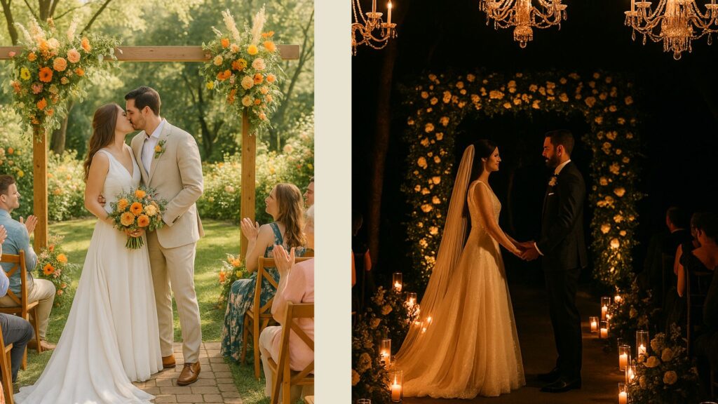“Comparação de vestidos de noiva para casamento diurno e noturno”