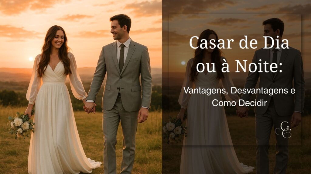 Casal celebrando casamento ao ar livre no fim da tarde