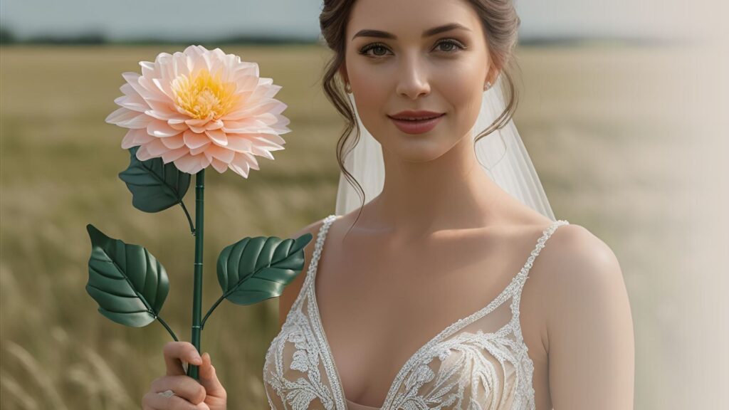 noiva com uma flor artificial na mão