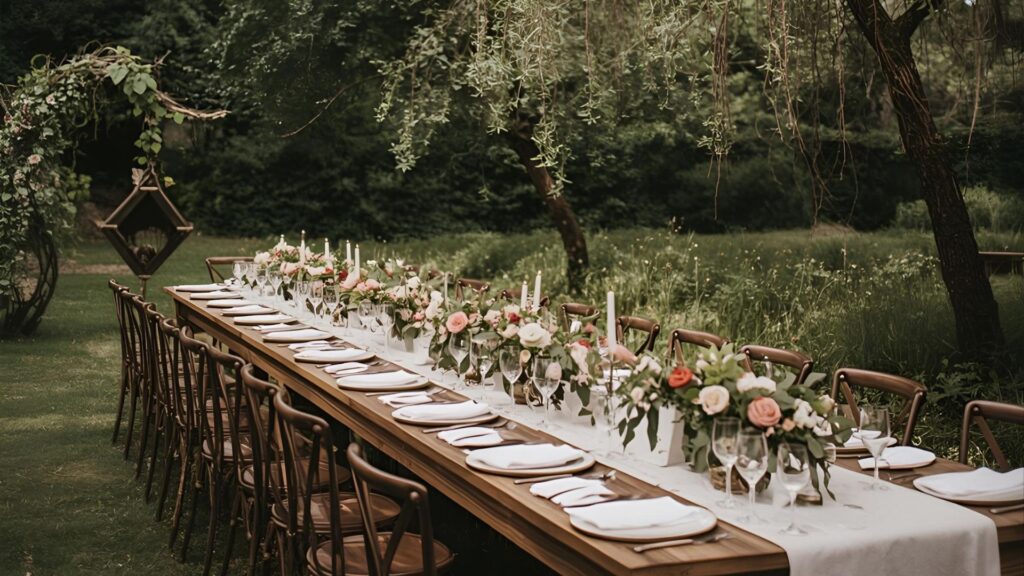 Casamento sustentável com a natureza fazendo parte da decoração sustentável do casamento e Arranjo botânico sustentável em vaso reutilizável para casamento."