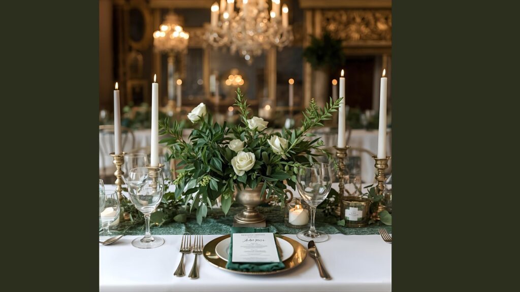 Mesas comunitárias com velas e sousplats de fibra natural.