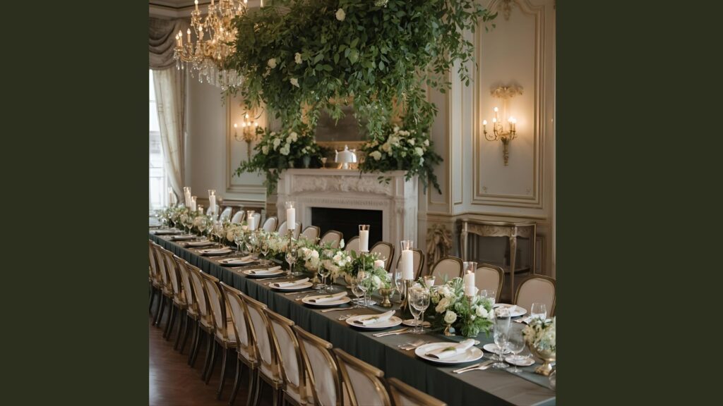 casamento Clássico Botânico
Mistura o verde e o dourado com lustres, porcelanas e pratarias.
 As folhagens criam molduras elegantes para os elementos tradicionais.
