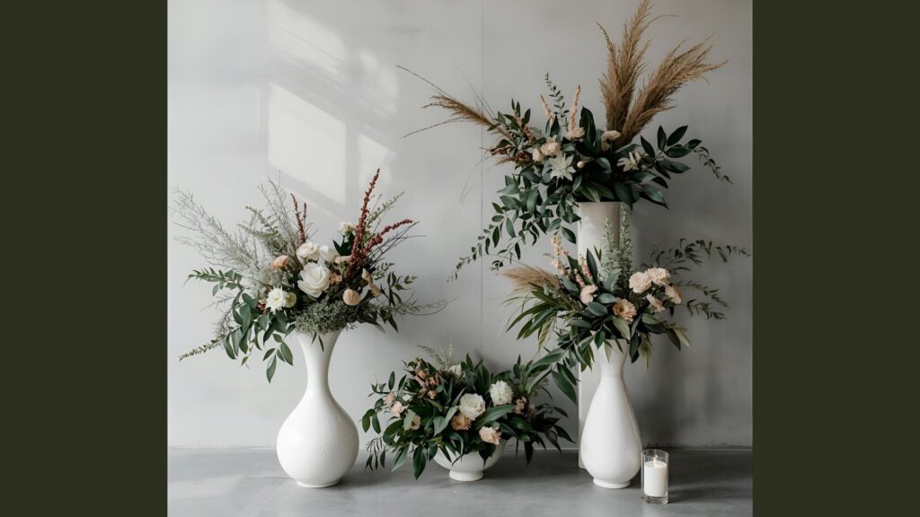 Casamento Contemporâneo Botânico
Explora formas estruturadas, volumes e linhas limpas.
 Folhagens esculturais, vasos geométricos e contraste entre luz e sombra.