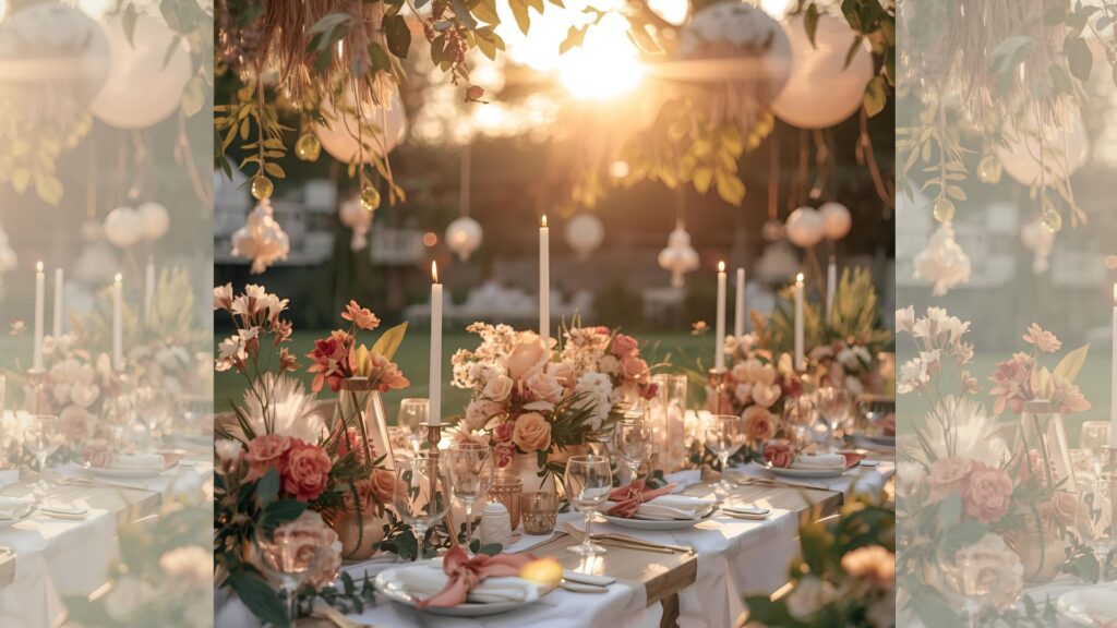 mesa posta com a decoração dentro dos elementos da identidade visual no casamento