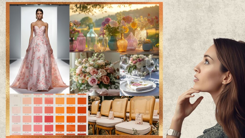 Moodboard ilustrando a identidade visual de uma festa de casamento.