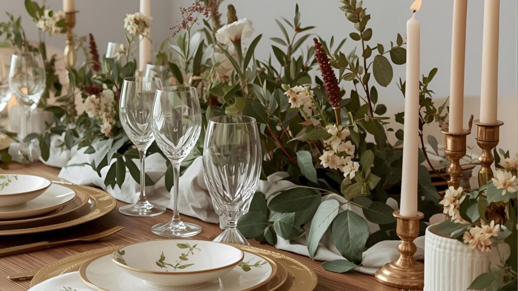 Mesas comunitárias com velas e sousplats de fibra natural.