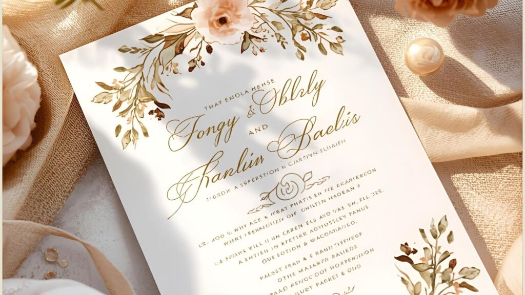 imagem de convite de casamento com letras em relevo de cor dourada como identidade visual