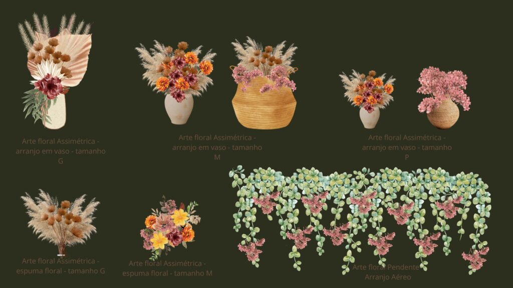 exemplo de como a arte floral é ilustrada e entregue no dossiê da consultoria.
