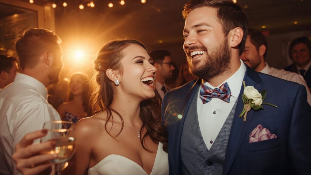 Casal de noivos comemorando o seu casamento